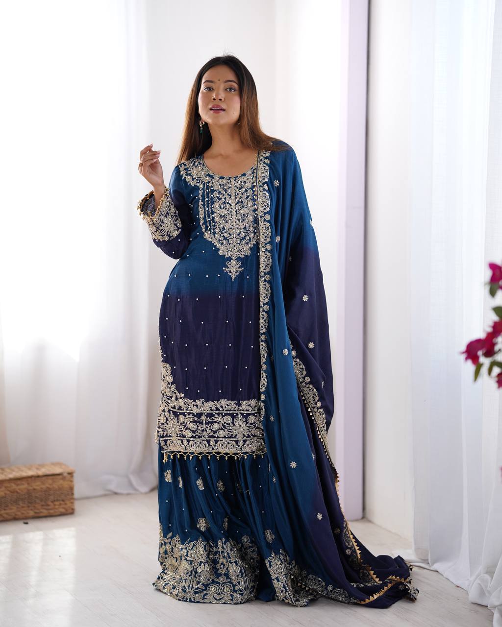 Premium Chinnon Silk with Coding Dori with Sequence with Rivet Moti Work Fancy Suit Set