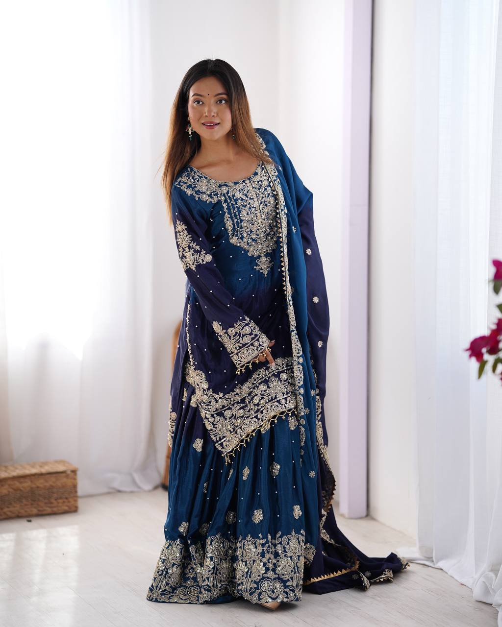 Premium Chinnon Silk with Coding Dori with Sequence with Rivet Moti Work Fancy Suit Set