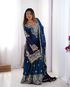 Premium Chinnon Silk with Coding Dori with Sequence with Rivet Moti Work Fancy Suit Set