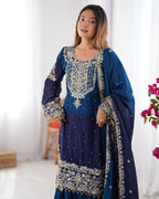 Premium Chinnon Silk with Coding Dori with Sequence with Rivet Moti Work Fancy Suit Set