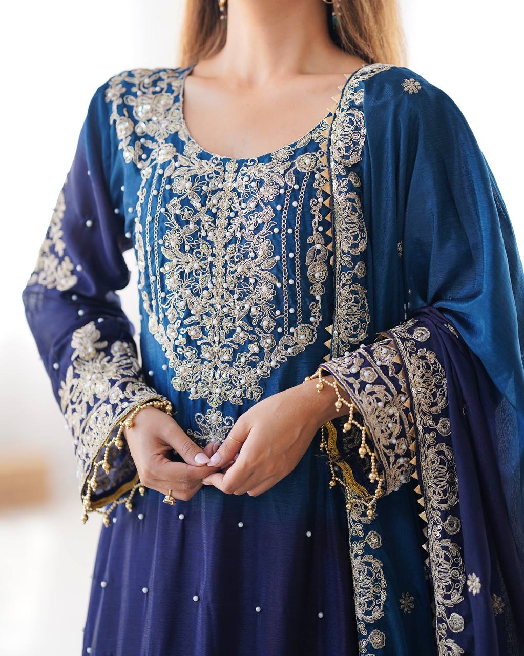 Premium Chinnon Silk with Coding Dori with Sequence with Rivet Moti Work Fancy Suit Set