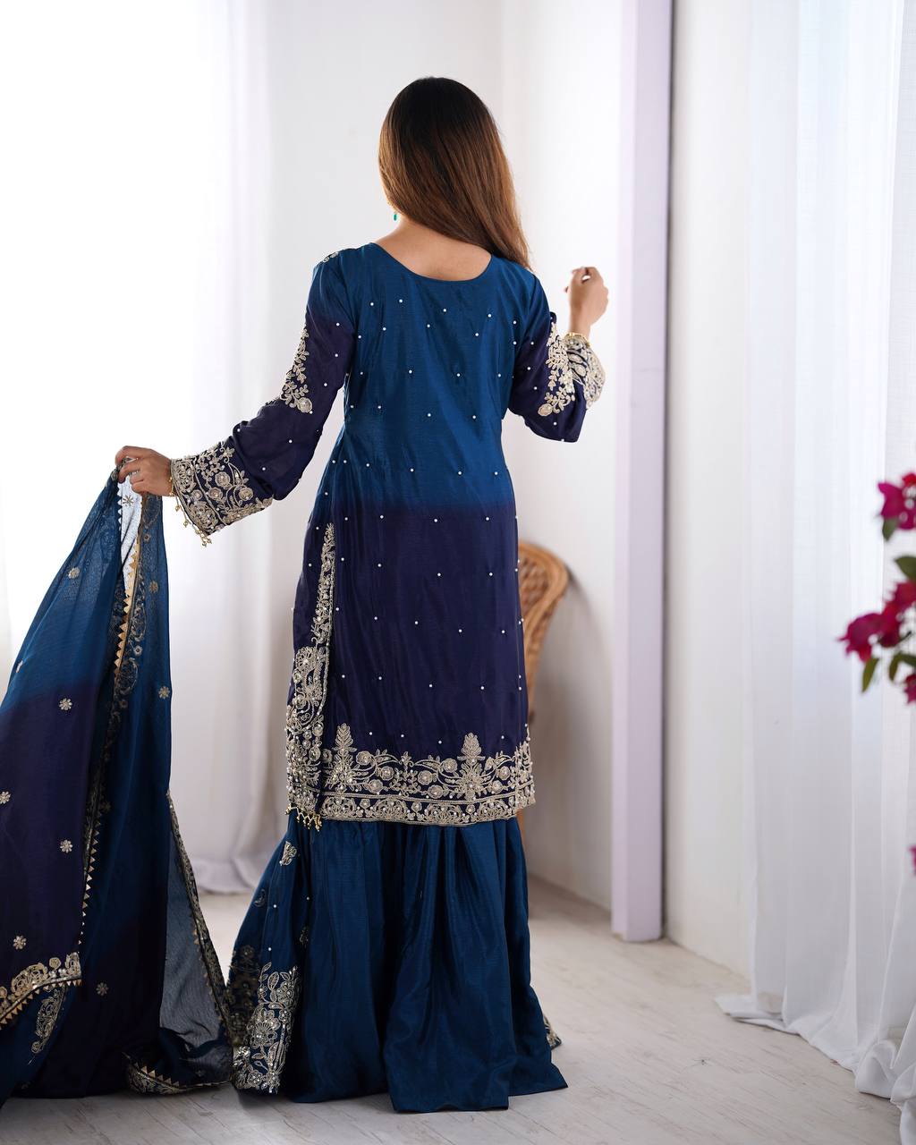 Premium Chinnon Silk with Coding Dori with Sequence with Rivet Moti Work Fancy Suit Set