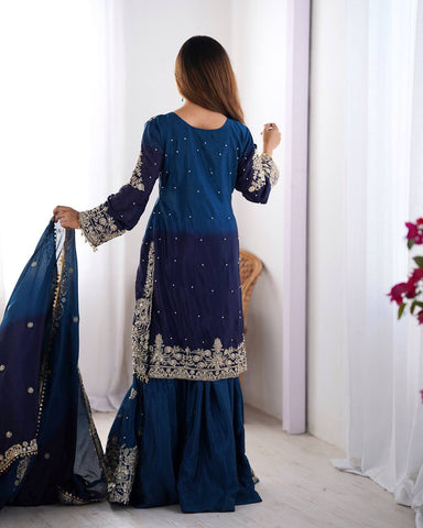 Premium Chinnon Silk with Coding Dori with Sequence with Rivet Moti Work Fancy Suit Set
