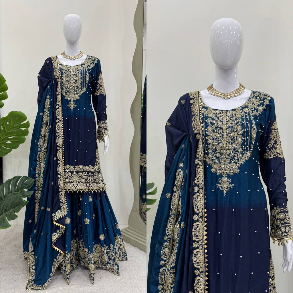 Premium Chinnon Silk with Coding Dori with Sequence with Rivet Moti Work Fancy Suit Set