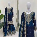 Premium Chinnon Silk with Coding Dori with Sequence with Rivet Moti Work Fancy Suit Set