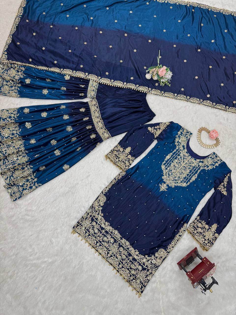Premium Chinnon Silk with Coding Dori with Sequence with Rivet Moti Work Fancy Suit Set