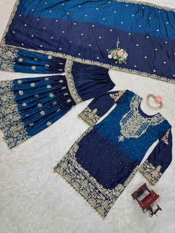Premium Chinnon Silk with Coding Dori with Sequence with Rivet Moti Work Fancy Suit Set