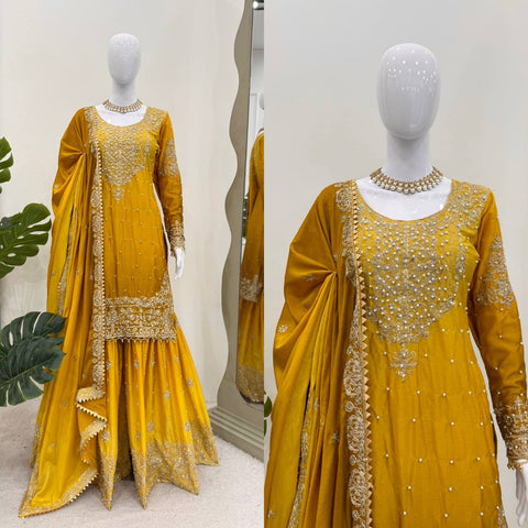 Premium Chinnon Silk with Coding Dori with Sequence with Rivet Moti Work Fancy Suit Set
