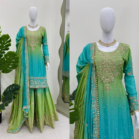 Premium Chinnon Silk with Coding Dori with Sequence with Rivet Moti Work Fancy Suit Set