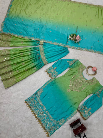 Premium Chinnon Silk with Coding Dori with Sequence with Rivet Moti Work Fancy Suit Set
