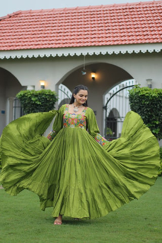 Premium Rayon With Kutchi Gamthi Work with 9 Meter Huge Flair For Navratri Gown