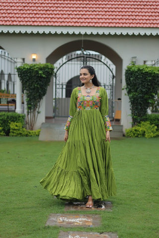 Premium Rayon With Kutchi Gamthi Work with 9 Meter Huge Flair For Navratri Gown