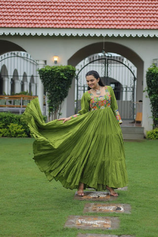 Premium Rayon With Kutchi Gamthi Work with 9 Meter Huge Flair For Navratri Gown