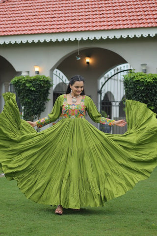 Premium Rayon With Kutchi Gamthi Work with 9 Meter Huge Flair For Navratri Gown