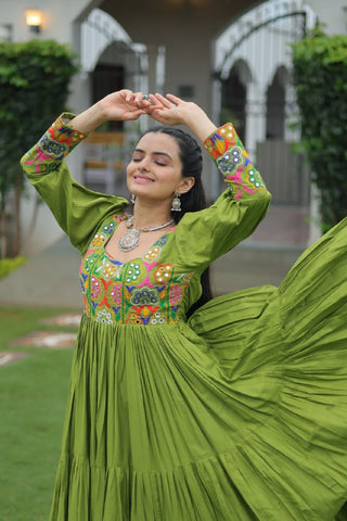 Premium Rayon With Kutchi Gamthi Work with 9 Meter Huge Flair For Navratri Gown