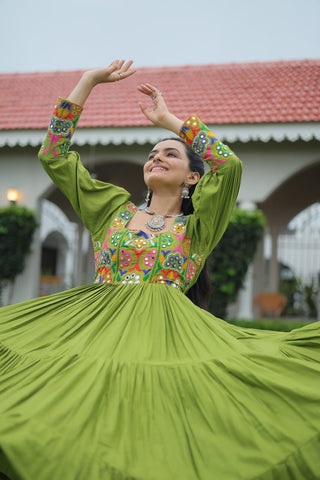 Premium Rayon With Kutchi Gamthi Work with 9 Meter Huge Flair For Navratri Gown