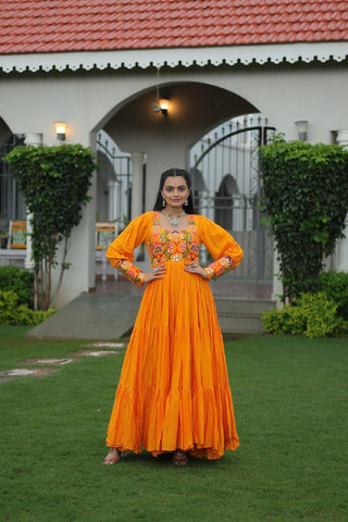 Premium Rayon With Kutchi Gamthi Work with 9 Meter Huge Flair For Navratri Gown