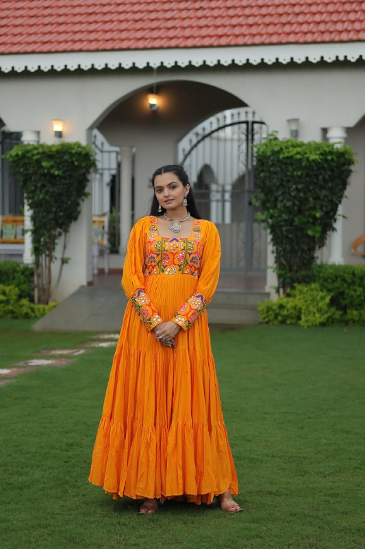 Premium Rayon With Kutchi Gamthi Work with 9 Meter Huge Flair For Navratri Gown