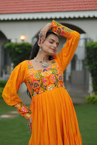 Premium Rayon With Kutchi Gamthi Work with 9 Meter Huge Flair For Navratri Gown