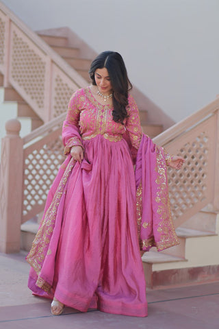 Stunning Gold Crush with Multi Thread Embroidery Sequins Work Gown Set