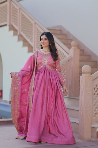 Stunning Gold Crush with Multi Thread Embroidery Sequins Work Gown Set
