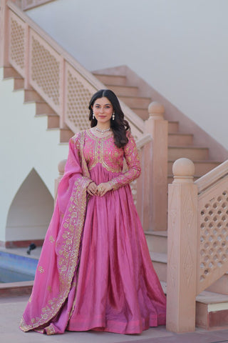Stunning Gold Crush with Multi Thread Embroidery Sequins Work Gown Set