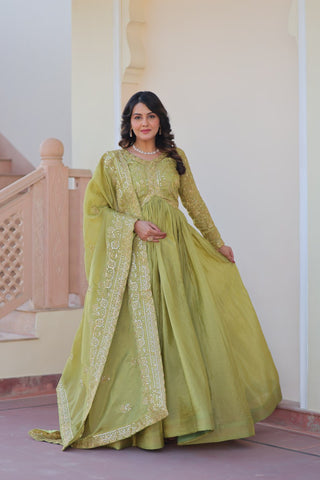 Stunning Gold Crush with Multi Thread Embroidery Sequins Work Gown Set