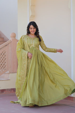 Stunning Gold Crush with Multi Thread Embroidery Sequins Work Gown Set