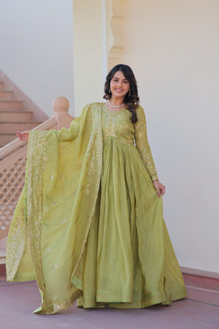 Stunning Gold Crush with Multi Thread Embroidery Sequins Work Gown Set