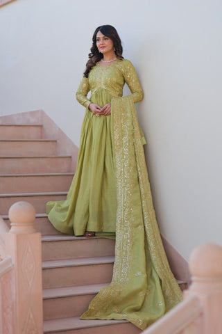 Stunning Gold Crush with Multi Thread Embroidery Sequins Work Gown Set