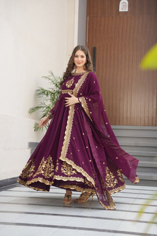 Luxury Faux Blooming Georgette with Zari Thread & Sequins Embroidery Gown Set