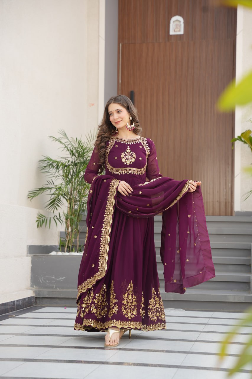 Luxury Faux Blooming Georgette with Zari Thread & Sequins Embroidery Gown Set