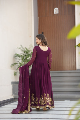 Luxury Faux Blooming Georgette with Zari Thread & Sequins Embroidery Gown Set