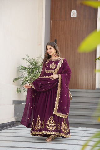 Luxury Faux Blooming Georgette with Zari Thread & Sequins Embroidery Gown Set