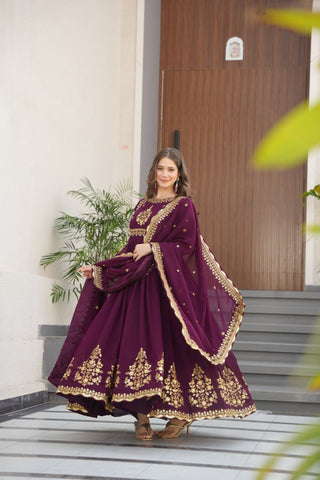 Luxury Faux Blooming Georgette with Zari Thread & Sequins Embroidery Gown Set