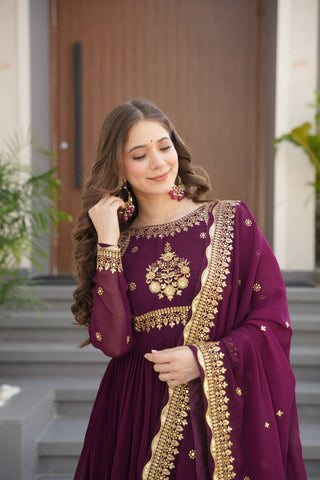Luxury Faux Blooming Georgette with Zari Thread & Sequins Embroidery Gown Set