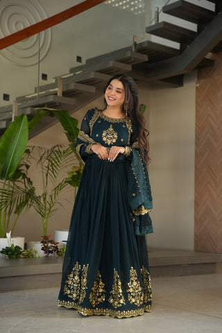 Luxury Faux Blooming Georgette with Zari Thread & Sequins Embroidery Gown Set