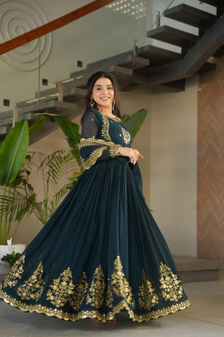 Luxury Faux Blooming Georgette with Zari Thread & Sequins Embroidery Gown Set
