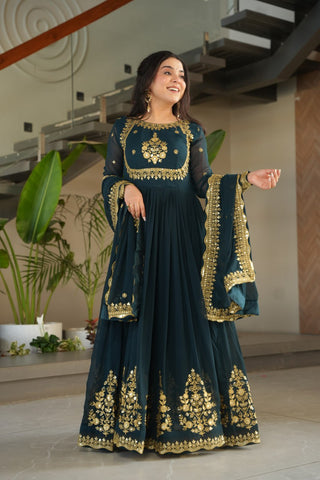 Luxury Faux Blooming Georgette with Zari Thread & Sequins Embroidery Gown Set