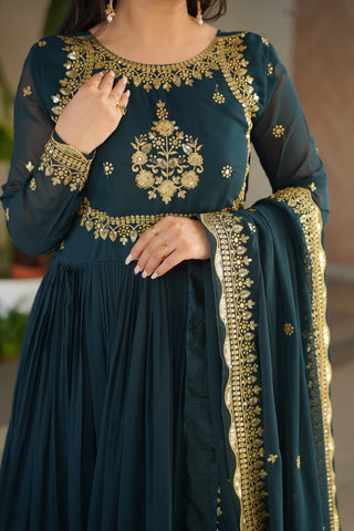 Luxury Faux Blooming Georgette with Zari Thread & Sequins Embroidery Gown Set