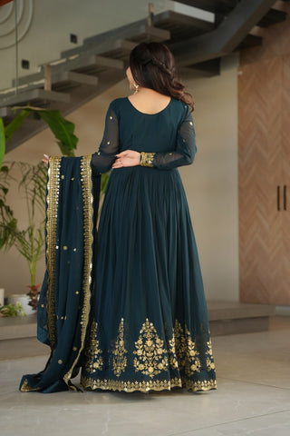 Luxury Faux Blooming Georgette with Zari Thread & Sequins Embroidery Gown Set