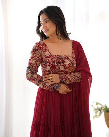 Maroon Pure Fox Georgette Anarkali Suit with Dupatta & Pant