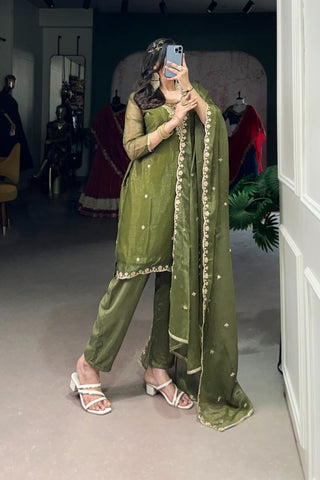 Olive Green Gold Coin Sequins Tread Embroidery Work Ethnic Dress