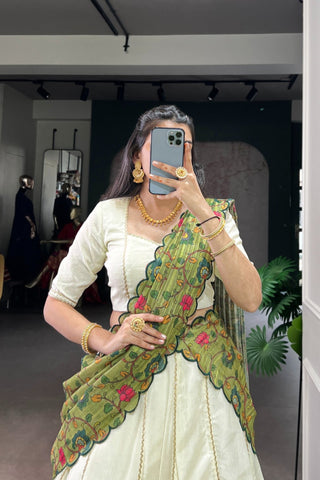 Ivory Kalamkari Handloom Kora Silk South Indian Lehenga Set