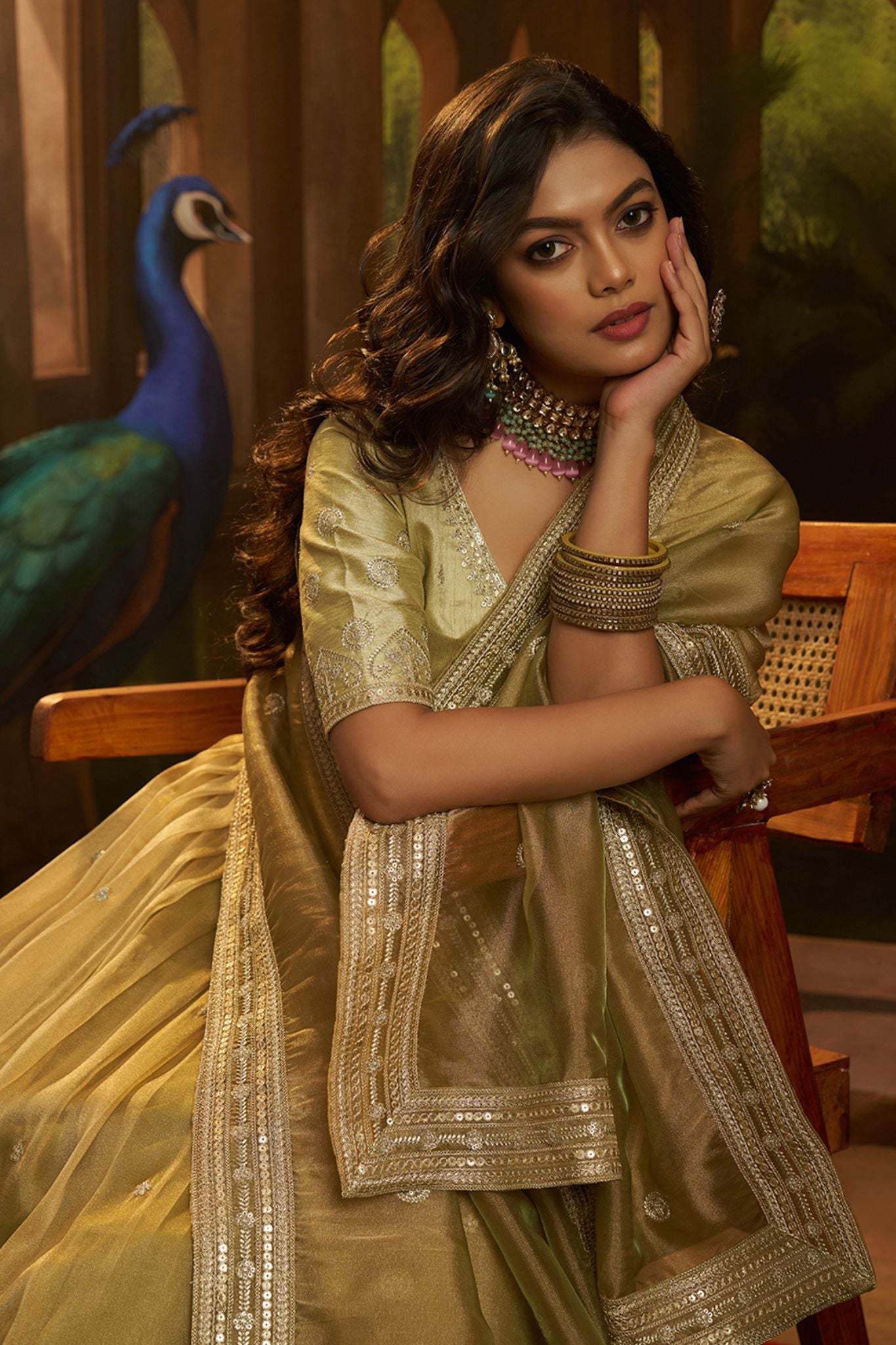 Premium Olive Green Hiranya Silk Lehenga Set Featuring Art Silk Blouse And Detailed Embroidered Dupatta