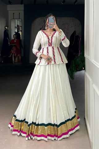 White Designer Original Mirror Gamthi Work Navratri Lehenga Choli
