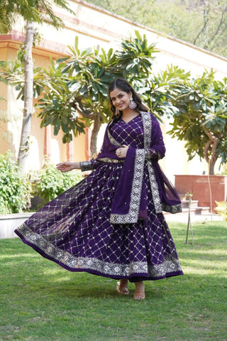 Purple Readymade Sequins Embroidered Work Gown With Dupatta Set