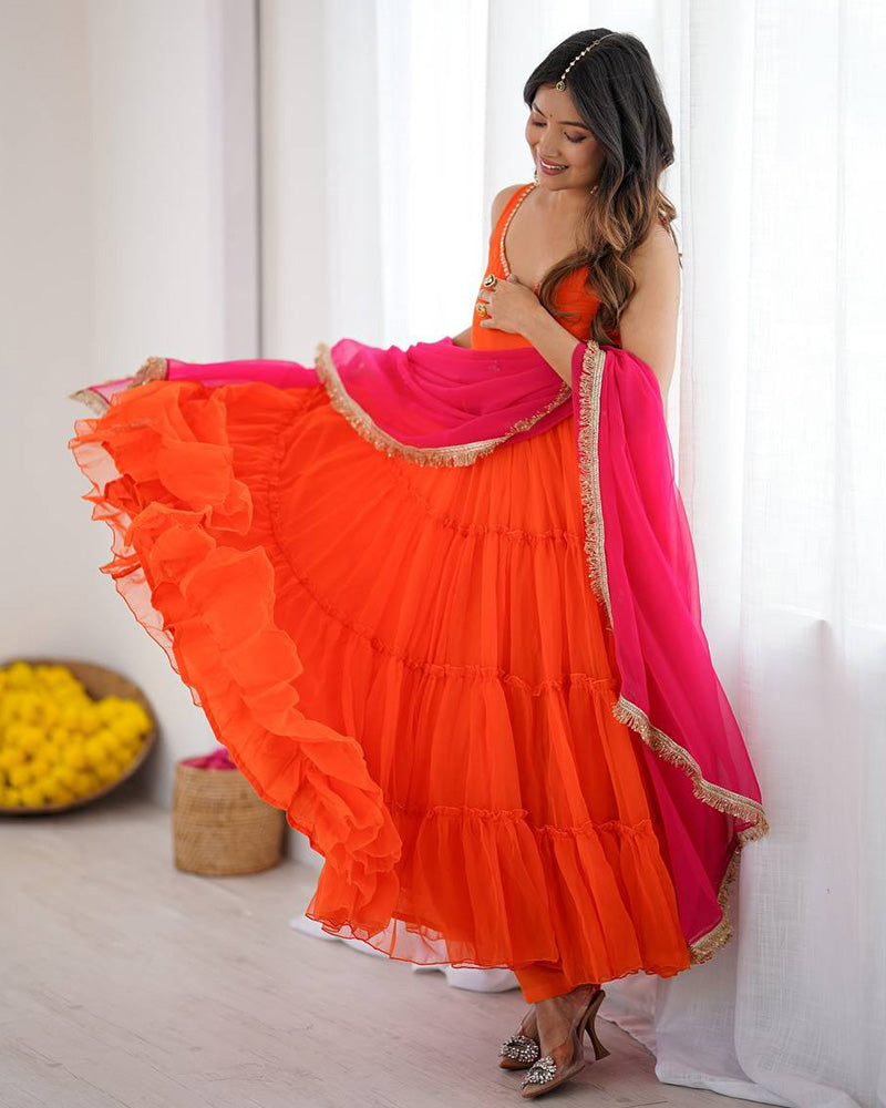 Orange Color Georgette Chiffon Three Piece Anarkali Suit