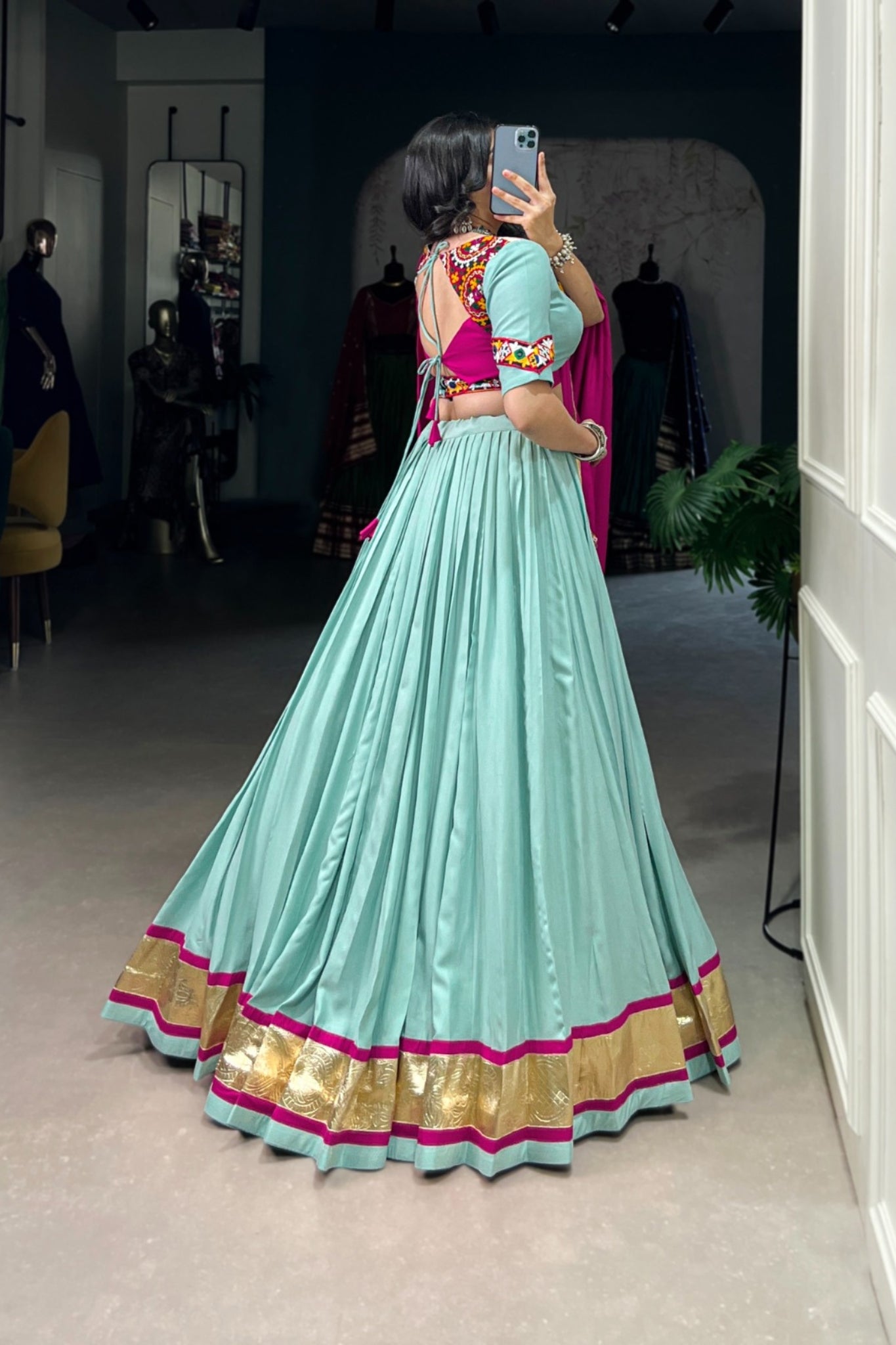See Green Stunning Embossed Design Mirror Gamthi Work Readymade Navratri lehenga Choli