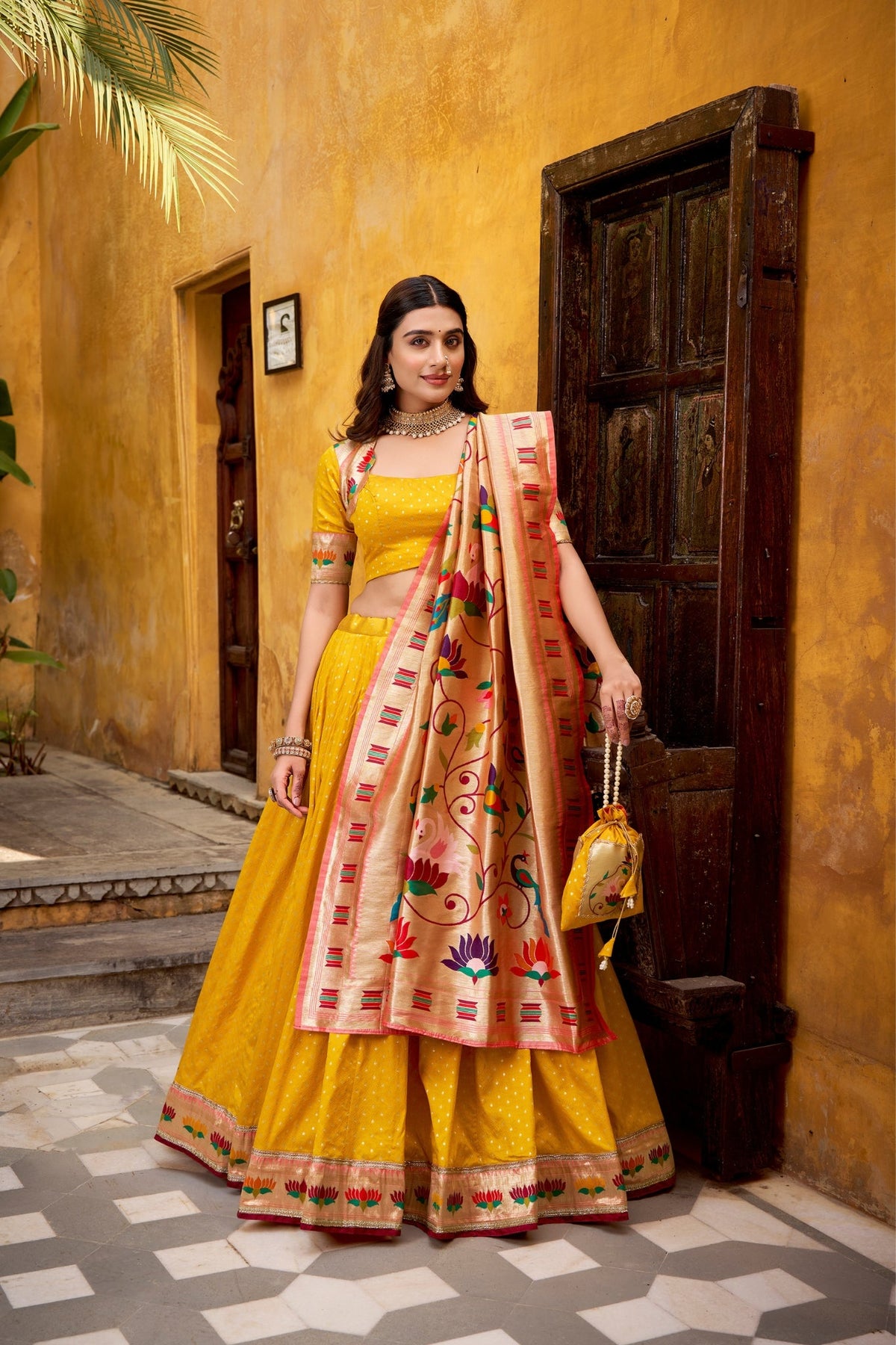 Designer Silk Paithani Lehenga Choli Set With Zari Weaving